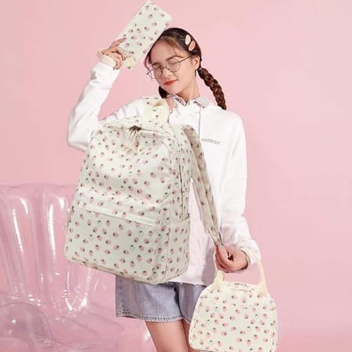 Bluboon School Backpack Set Girls Womens Laptop Bookbag Casual Daypack Fits 15 inch Laptop with Lunch Tote Bag and Pencil Bag - color: Corduroy White Pink Strawberry