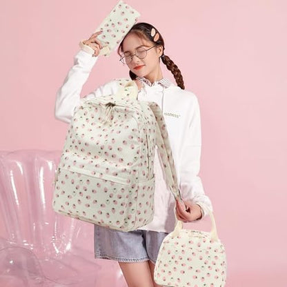 Bluboon School Backpack Set Girls Womens Laptop Bookbag Casual Daypack Fits 15 inch Laptop with Lunch Tote Bag and Pencil Bag - color: Corduroy White Pink Strawberry