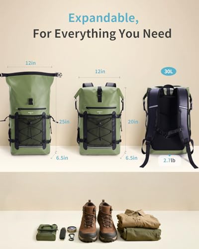 ECOHUB Waterproof Backpack for Women Men, 30L Roll-Top Closure Heavy Duty Dry Bag for Travel with IPX8 Waterproof Phone Case - color: Green