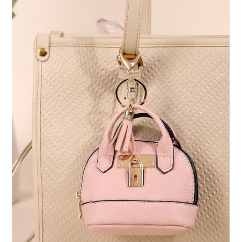 2 pcs Cute Mini Cosmetic Bag for Women PU Leather Backpack Keychain Makeup Bag Key Pocket Lipstick Bag Card Holder Data Cable Organizer Zipper Pouch (Handbag, White + Brown) - color: White + Brown