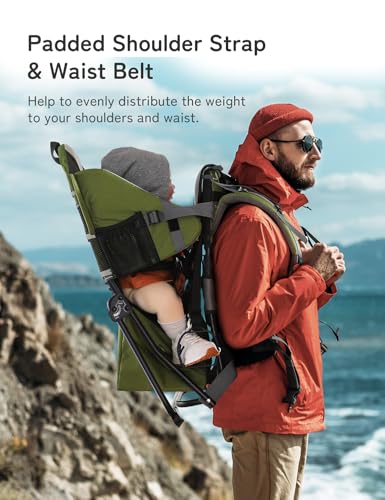 besrey Baby Backpack Carrier, Toddler Hiking Backpack with Safety 3-Height Seat, Adjustable Straps&Waist Belt, Foldable Frame Lightweight Large Capacity Child Carrier for Hiking (Army Green) - color: Army Green