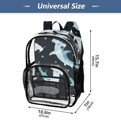 Watercolor Hammerhead Shark Clear Backpack, PVC Transparent School Backpack Lightweight Student Book Bags Capacity Clear Bag - color: Navy Blue