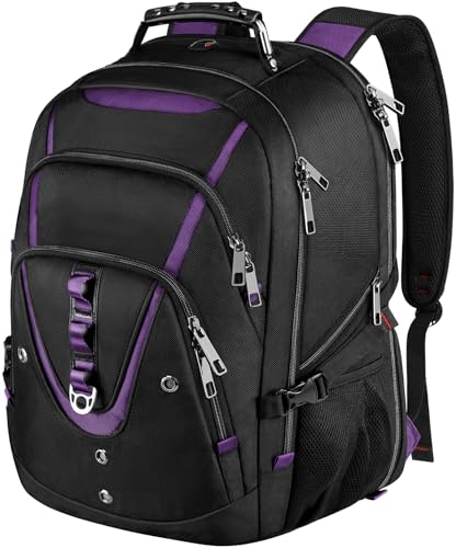 18.4 inch Travel Backpack Men Women, 55-60L Extra Large Laptop Backpack RFID Anti Theft TSA Friendly Flight Approved Backpacks, Water Resistant College School Heavy Duty, Purple - color: Black-purple, size: 18inch(21.5*16.3*9.9")