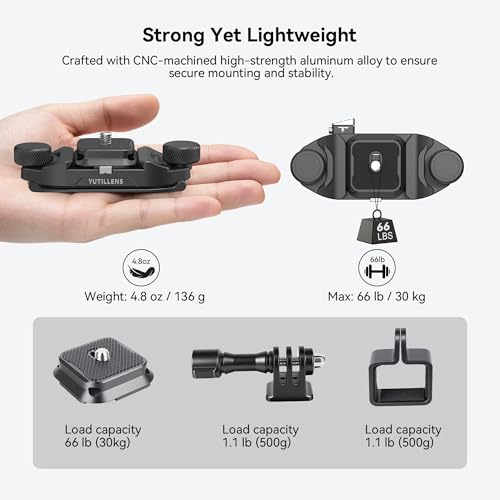 Camera Backpack Clip, Dual-Lock Arca Quick Release for Hands-Free Hiking, Metal Holster for DSLR & Mirrorless with Action Cam & Pocket 3 Mounts, 66lb Load, Fits 75mm Straps - color: Black