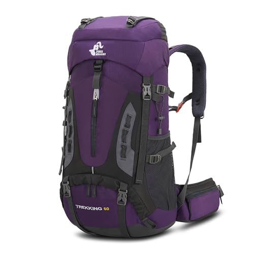 Bseash 60L Hiking Camping Backpack with Rain Cover, Waterproof Large Capacity Outdoor Sport Travel Daypack Climbing Touring (Purple) - color: Purple