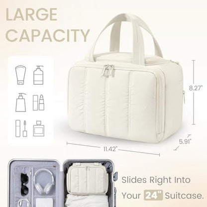Travel Makeup Bag,Puffy Toiletry Bag for Women,Cosmetic Travel Bag Lightweight,Toiletries Organizer with Trolley Sleeve,White - color: White