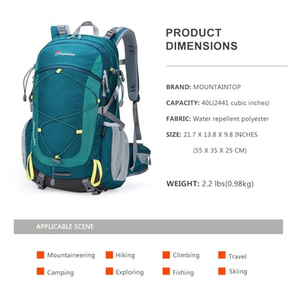 MOUNTAINTOP 40L Hiking Backpack, Lightweight Outdoor Backpacking Pack - color: Medium Teal, size: 40L