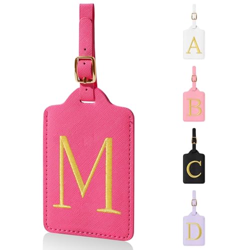 Personalized Initial Luggage Tags for Suitcases,Leather Letter Cute Luggage Tags with Privacy Name Card,Embroidered Monogrammed Travel Bag Backpack Tag Gifts for Women Kids Girls Teens(Rosered-M) - color: Rosered, size: M