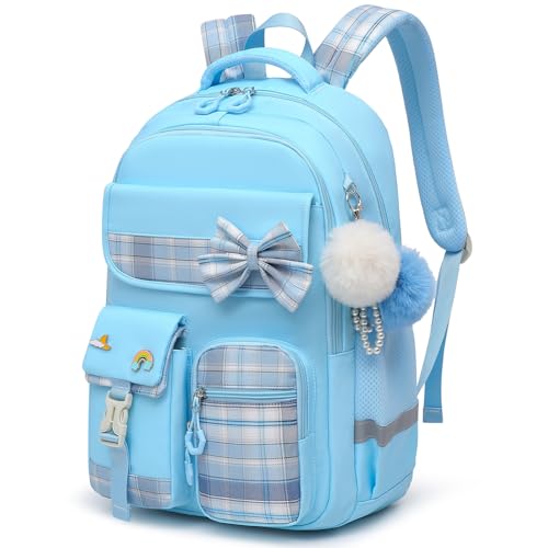 Alrisg Girls School Backpack Preppy Plaid Bookbag Lightweight Backpack for Girls Elementary Middle School Bow Blue - color: Blue, size: 17in