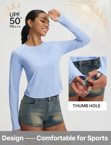 baleaf Women's UPF 50+ Long Sleeve Sun Shirts Crop Rash Guard UV Workout Tops SPF Slim Fit Lightweight Athletic Hiking - color: Light Blue, size: Medium