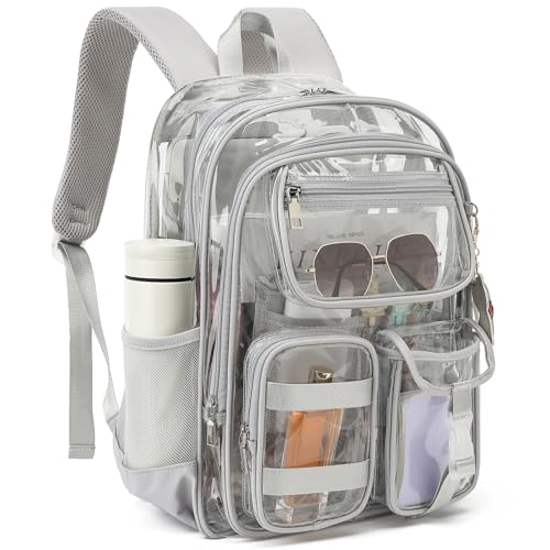 Clear Backpack for School Girls Boys Heavy Duty Transparent Backpack with Multiple Pockets, Lightweight PVC See Through Bookbag for Students-Grey - color: Grey