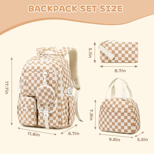 MOONBABY Girls Backpack, Kids Backpack for Girls, School bag for Primary Elementary Teenage, Middle School Students Bookbag - color: 3pcs-brown Check