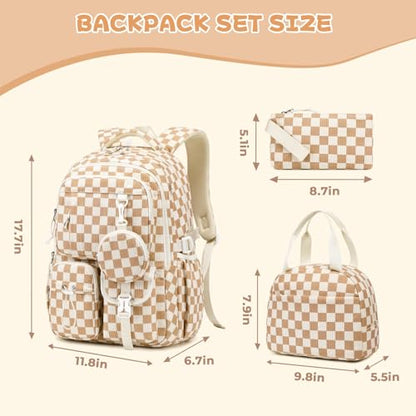 MOONBABY Girls Backpack, Kids Backpack for Girls, School bag for Primary Elementary Teenage, Middle School Students Bookbag - color: 3pcs-brown Check