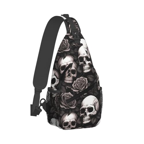 Skulls And Roses Outdoor Crossbody Shoulder Bag For Unisex Young Adult Hiking Bicycling - color: Blue