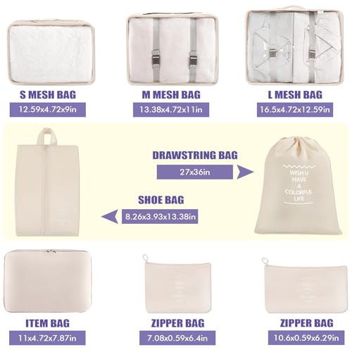 8 Set Packing Cubes For Travel-Travel Essential Carry On Luggage Organizer,Bring Laundry Bag, Shoe Bag, Clothing And Underwear Bag (Beige) - color: Beige