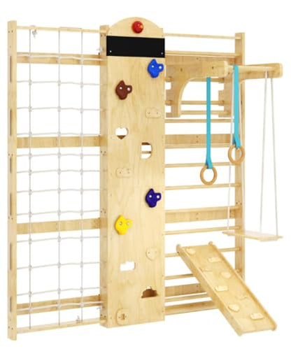Indoor Climbing Wall, 10-in-1 Swedish Ladder, Indoor Playground for Kids and Adults, Rock Climbing Wall, Wooden Swing Sets, Gymnastic Rings, Wall Ladder, Rope Ladders, Stretching Balanced