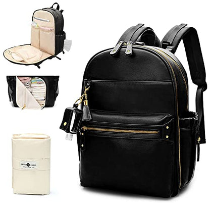 miss fong Diaper Bag Backpack Leather Diaper Bag, Baby Diaper Bag for Baby, 16 Pockets with Hand Sanitizer Holder, Changing Pad, 2 Insulated Pockets(Black) - color: Black