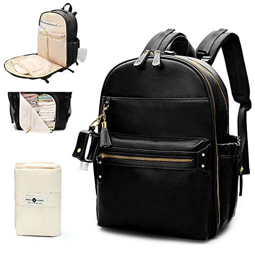 miss fong Diaper Bag Backpack Leather Diaper Bag, Baby Diaper Bag for Baby, 16 Pockets with Hand Sanitizer Holder, Changing Pad, 2 Insulated Pockets(Black) - color: Black