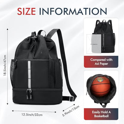 PinCute Drawstring Gym Bag for Men/Women - Mesh Beach Swim Bags Sports Backpack with Wet Pocket&Shoe Compartment, Lightweight - color: Black