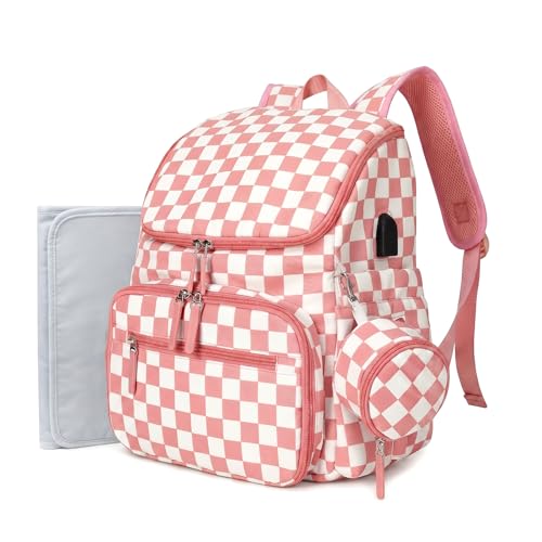 FHELAD Checkered Diaper Bag Backpack with Changing Pad & Stroller Clips, Large Travel Baby Diaper Bag for Newborn Moms, Baby Shower Gifts (Peach Pink) - color: Peach Pink