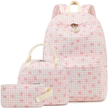 LEDAOU Backpack for Girls School Bag Kids Bookbag Teen Backpack Set Daypack with Lunch Bag and Pencil Case | Kids - color: Pink Bowtie