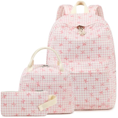 LEDAOU Backpack for Girls School Bag Kids Bookbag Teen Backpack Set Daypack with Lunch Bag and Pencil Case | Kids - color: Pink Bowtie