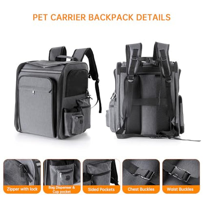 Cat Backpack Carrier,Double Side Expandable Cat Carrier Backpack,Dog Carrier Backpack for Medium Cats and Small Dogs,Puppies Up to 20 Lbs,Pets Carrier Backpack with Breathable Mesh(Grey) - color: Grey + Black Mesh