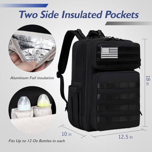 LORADI Large Dad Diaper Bag Backpack, Tactical Style, Black | Stroller Clips, Luggage Sleeve for Travel, Insulated Pockets - color: Black