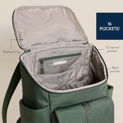 Itzy Ritzy Belong Bucket Backpack – Lightweight Diaper Bag Backpack Featuring 16 Pockets, Bucket Top Opening, Stroller Straps & Changing Pad – Organized and Stylish Everyday Family Backpack (Green) - color: Hunter Green