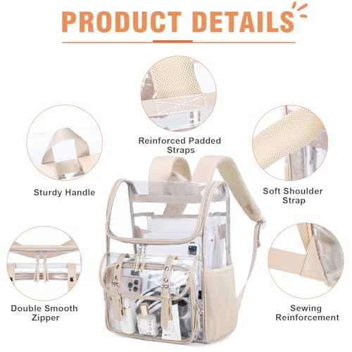 DIGOBAY Clear Backpack with Lunch Bag Set, Leather Clear Backpack Heavy Duty Thick PVC Bookbag Large See Through Transparent Backpacks with Support Pad for College Travel Workplace Security Khaki - color: Khaki