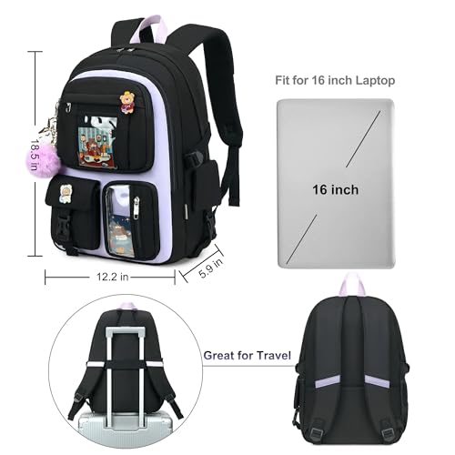 Backpack for Girls with Accessories Laptop Bookbags 16 Inch Kawaii Kids Elementary Middle High School Bag College Travel Daypack Gifts for Teens Women Students (Black Purple) - color: Black Purple