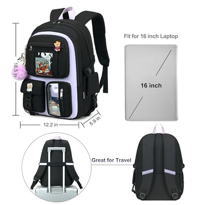 Backpack for Girls with Accessories Laptop Bookbags 16 Inch Kawaii Kids Elementary Middle High School Bag College Travel Daypack Gifts for Teens Women Students (Black Purple) - color: Black Purple