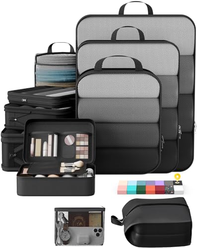 Veken 10 Set Compression Packing Cubes for Travel Essentials,Compressible Expandable Large Luggage Suitcase Organizer Bags for Clothing,Durable Space Saver Storage Bags with Makeup Bag(Black) - color: Black, size: 10 set