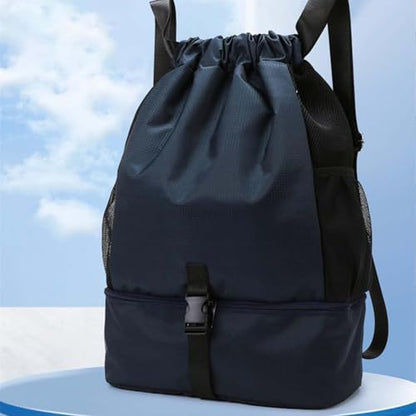 Water-Resistant Drawstring Gym Backpack Bag with Wet/Dry Separator Pocket（Dark Blue）