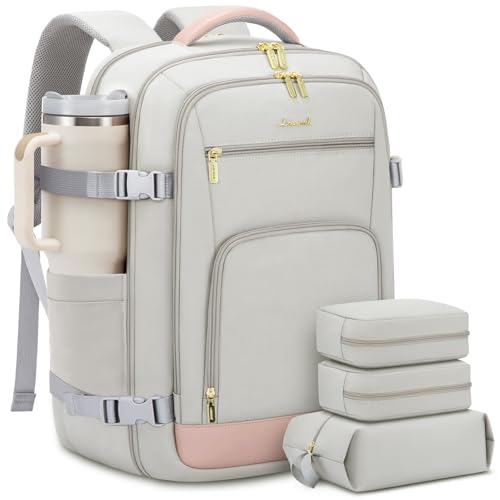 LOVEVOOK Large Travel Backpack For Women, 50L Carry On Backpack Flight Approved, TSA Personal Item Bag, Waterproof Laptop Backpack Fits 18 Inch Laptop, Business Weekender Overnight With 3 Cubes, Grey - color: Pink-grey, size: 50l-18 Inch-4pcs