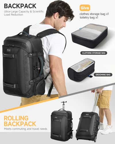 Backpack with wheels,Rolling laptop backpack with 2 Packing Cubes,Water-Resistant,Wheeled backpack Suitcase for Men Adults to Travel, Commuting,Black - color: Black-three