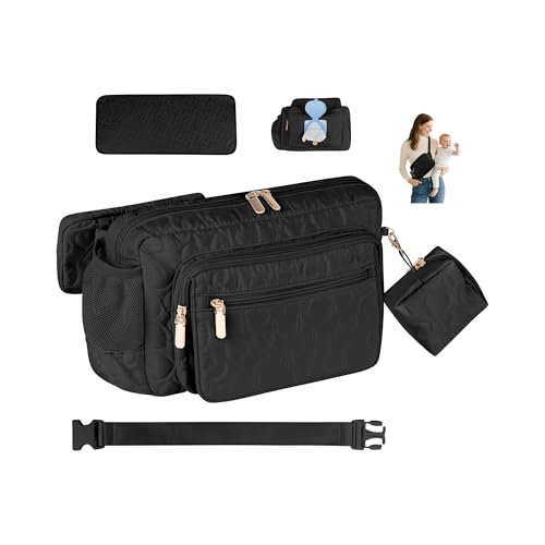 Rexmore Puffer Quilted Fanny Pack Diaper Bag for Mom - Women‘s Compact Crossbody Purse with Portable Changing Pad & Wipes Pouch, Travel & Quick Errand Baby Essentials Organizer(Black) - color: Black