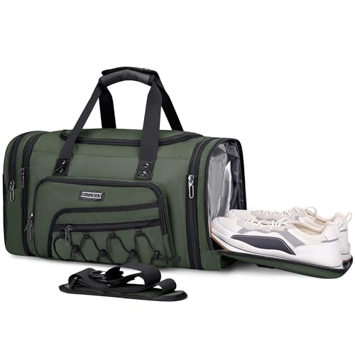 WITZMAN Mens Duffle Bag Expandable 45L Travel Gym with Shoe Compartment - color: Army Green