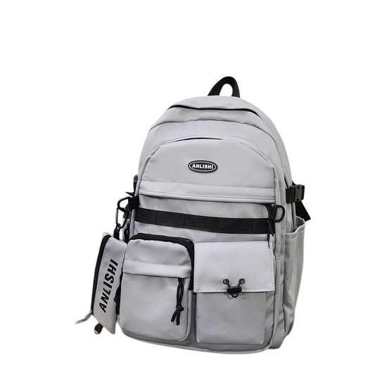 Urban Cargo Backpack, Multi-Pocket Nylon Daypack with Detachable Pouch & Plush Charm for Commute, Travel & Daily Use (gray) - color: Gray