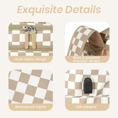 FHELAD Checkered Diaper Bag Backpack with Changing Pad & Stroller Clips, Large Travel Baby Diaper Bag for Newborn Moms, Baby Shower Gifts (Light Brown) - color: Light Brown