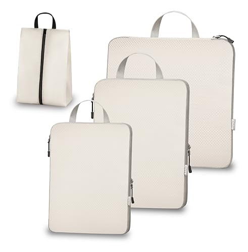 4 Set Compression Packing Cubes for Travel Expandable Packing Organizer Bag | Water-Resistant Suitcase Bags with Shoe Bag, Ultralight Storage Travel Bags for Carry-on Luggage, M L XL Sizes, Apricot - color: Apricot, size: Set of 4