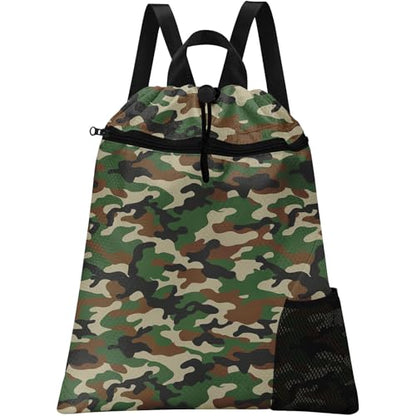 Green Camouflage Drawstring Backpack, 15” x 17” Waterproof Swim Bag for Beach Swimming Pool, Lightweight Foldable Gym Bag with Water Bottle Holder for Sports Travel - color: Camouflage