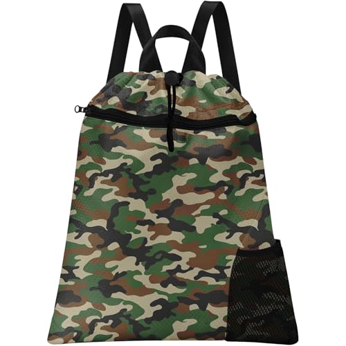 Green Camouflage Drawstring Backpack, 15” x 17” Waterproof Swim Bag for Beach Swimming Pool, Lightweight Foldable Gym Bag with Water Bottle Holder for Sports Travel - color: Camouflage