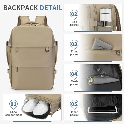 Travel Backpack for Men Women, 35L Laptop Backpack W/Shoe Compartment, Water Resistant Flight Approved Fits 15.6-inch Laptop, Khaki - color: Khaki