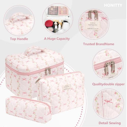 honitty Makeup Bag,Quilted Cosmetic Bags,Large Floral Make Up Organize bag,Makeup Bag Set for Women,Flower Travel Toiletry Bag - color: Striped Bow Tie