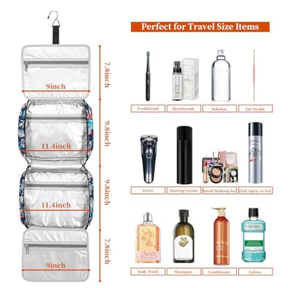 Bosidu Hanging Travel Toiletry Bag,Large Capacity Cosmetic Travel Toiletry Organizer for Women with 4 Compartments & 1 Sturdy Hook,Perfect for Travel/Daily Use/Christmas - color: Palm Leaf