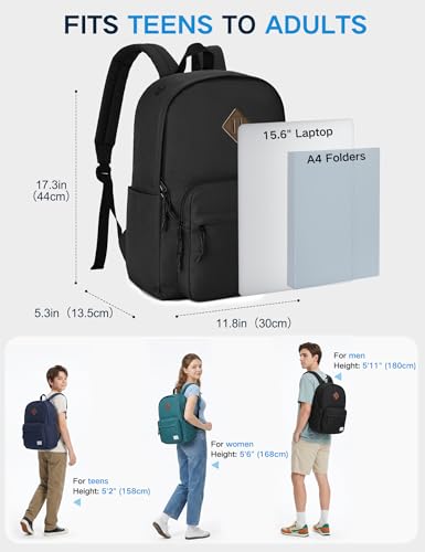 Kasqo School Backpack, Classic Lightweight Water-Resistant 17.8L Bookbag Daypack for Men Women Teens Girls Boys College, Travel, Work, Black - color: Black