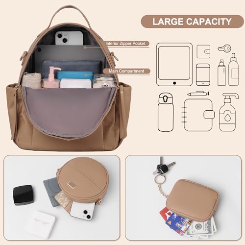 Small Backpack for Women Designer Leather Mini Backpack Purse Ladies Fashion Roomy Shoulder Handbag (Khaki-3) - color: Khaki-3