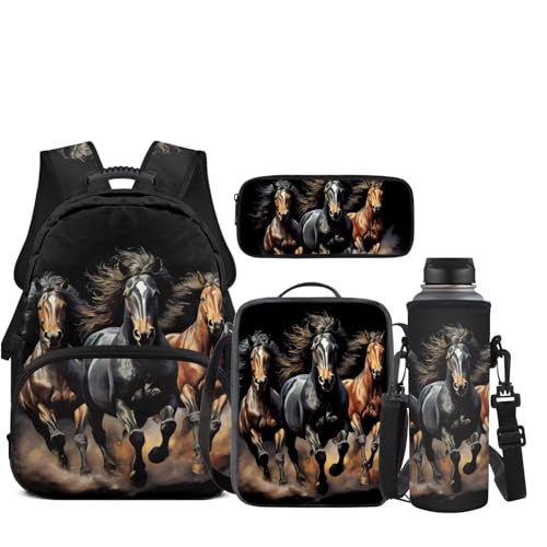 JEOCODY Kids School Bag Horse for Girls Boys Backpack with Lunch Box Pencil Case Water Bottle Holder Set of 4 School Daypack for Travel Hiking Picnic Back to School Accessories - color: Black Running Horse Printed
