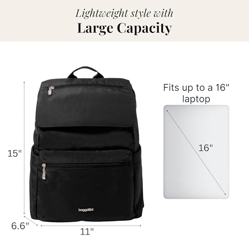 Baggallini Flap Laptop Backpack - 15"x11" Lightweight Work Travel Bag w/Luggage Sleeve & RFID - color: Black